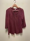 Lucky Brand Womens Blouse Size 2X Maroon Embroidered 3/4 Sleeve V Neck Boho