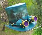 BLUE LEATHER HAND ETCHED STEAMPUNK / RETRO TOP HAT / COSPLAY AVIATOR GOGGLES