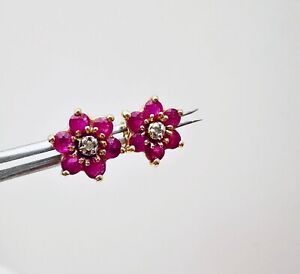 Estate 10K Yellow Gold .72ctw Natural Ruby, Diamond Flower Claster Stud Earrings