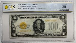 1928 $100 Gold Certificate PCGS Banknote VF 30 Pinholes