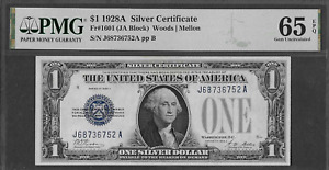 FR. 1601 PMG 65 EPQ Gem Uncirculated $1 Series 1928A Blue Seal Silver Cert