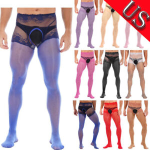 US Mens Floral Lace Sissy Open Crotch Pantyhose Stockings Crossdresser Lingeries