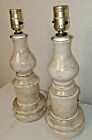 Vtg Pair MCM Atomic Off White Glass Lamps with Gold String Spaghetti Decoration