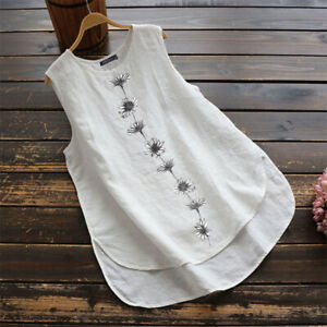 US STOCK Womens Floral Print Tank Tops High Low Linen Cotton Vest Camisole Shirt