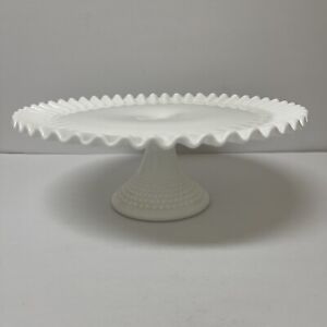 Vintage Fenton Hobnail White Milk Glass Pedestal Cake Stand Plate Ruffled Edge