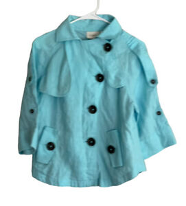 Chico's Jacket Med Linen Double Breasted Crop Trench Roll Tab Sleeves Aqua Blue