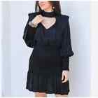 Farm Rio Black Heart Neckline Mini Dress SMALL Black Satin Smocked Long Sleeve