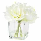 Floral Centerpiece in Glass Vase Cream Lily Faux Flowers 8.5 Inches Tall