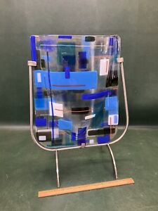 New ListingModern Abstract Fused Art Glass Vase Blue Rectangular w/ Stand Marked TRIO 03