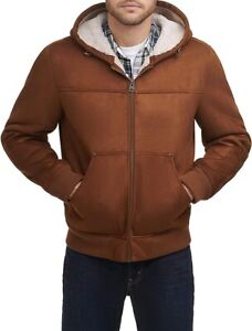 Levi's Men's Buffed Cow Faux Leather Hoody Bomber Brown Faux Shearling X-Large