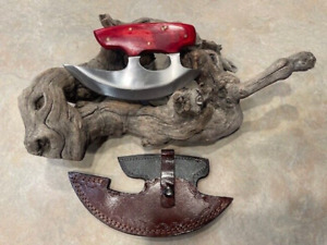 Large Ulu D2 Stainless Steel Blade Knife, wood handle Leather Belt Sheath