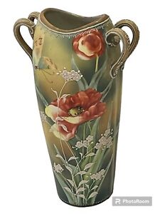 New ListingANT Nippon Art Nouveau Hand Painted Porcelain Vase Double Handle Poppy Butterfly