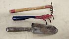 Lot of 3 Vintage Garden Metal Wooden Farm Hand Spade Tools Rakes