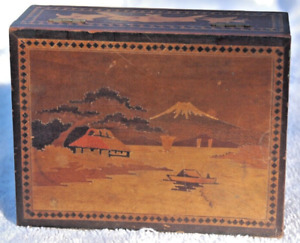 OLD WOODEN BOX WITH MARQUETRY AND A LAKE SCENE