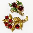 Red Jelly Belly Fruit Glass Cabochon Cherry Rhinestone Gold Tone Pin Brooch Lot