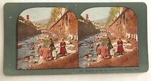 Color Tinted Stereoview Card Washday Joor Gernes River Madeira Island Portugal