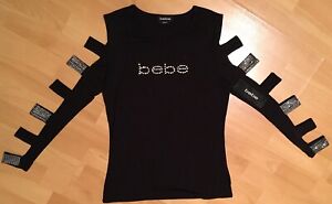 NWT *bebe* Sexy Black Jeweled Top Long Sleeves with Openings Size M