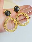 VTG Earrings statement dangle Clip rare Gold Mod Cabochon Chunky Hoop Drop 80s