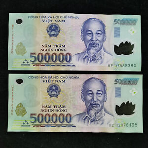 2 Pcs 500,000 Vietnam Dong Polymer Banknote 1 Million Viet Nam Travel Cash