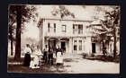 CABINET CARD sides cut  * FAMILY posing in front of HOME balcony Boy with dog