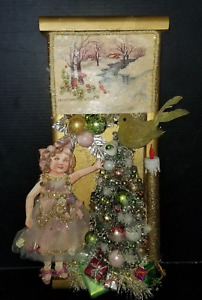Vintage Christmas Diorama Scene Bottle brush Tree glass Ornaments shabby chic
