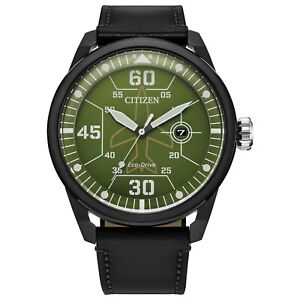 Citizen Eco-Drive Avion Weekender Men's Black Leather Watch 45MM AW1735-03X