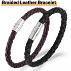 Silver Stainless Steel Magnetic Clasp Braided Leather Bracelet for Men's Women's