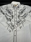 Scully Western Shirt Mens L White Embroidered Pearl Snap Smile Pocket Rockabilly