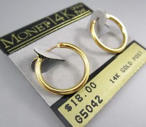 NOS Vintage 90s MONET Gold Tone Hoop Hinged 14k Gold Post Earrings 72i