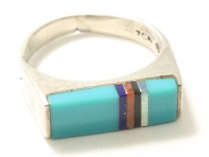 TCA Sterling Silver 1986 Zuni-style Turquoise Channel Inlay Band Ring Sz7