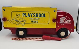 Vintage 1960's Playskool Wooden Take Apart Truck Red Blue Yellow Pull Toy