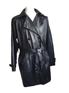Vintage LAURA LEIGH Short Leather Trench Coat Belted Black Women's XL UK 18