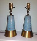 Pair MCM Mod Atomic Retro Glass Turquoise Gold Brass Table Lamps 12