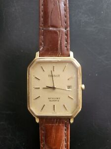 Men's Tissot Stylist Quartz Gold Tone Brown Strap Swiss Date Watch New Battery