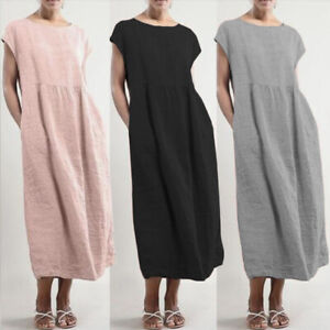 Women's Casual  Bohemian Summer Cotton Linen Dress Shirt Pocket MIDI Dress Loose