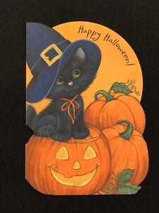 Vintage Hallmark Halloween Card Black Cat Kitten Pumpkin Diecut NOS w/ Envelope