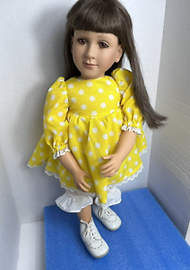 VTG MY TWINN 1990s Girl Doll Cloth Body Yellow White Top Made USA Rooted Lashes