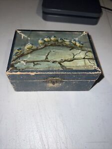 Vintage Germany Painted Wood Box Bluebirds sitting in tree 4x5.5in With Mirror