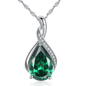 925 Sterling Silver Simulate Emerald Pear Cut Pendant Necklace Gift For Women