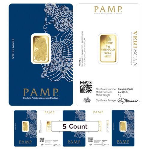 Lot of 5 - 5 gram Gold Bar PAMP Suisse Lady Fortuna Veriscan .9999 Fine In Assay
