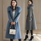 Womens Hooded Trench Coat Woolen Fur Collar Parka Overcoat Winter Jacket Outwear