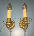Antique Heavy Brass Sconces Antique Wired Pair Electric Candles Glass Prisms 6B