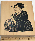 Geisha Woman w/ Fan Wood Mounted Rubber Stamp Japan Asian Japanese