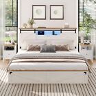 King Farmhouse Bed Frame with LED Light, Storage Drawer,Barn Door Cabinets White