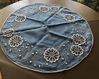 Vintage Small Round Blue  Table Cloth Embroidered White Flower Design 32”