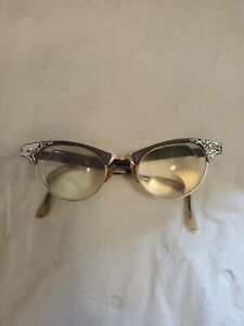 Glasses Vintage Artcraft 4 1/4-5 1/2 Alum Cat Eye Eyeglasses Black Fancy
