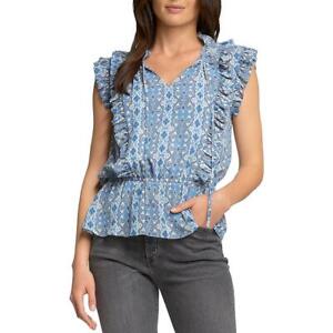 Elan Womens Blue Ruffled Peplum Top Blouse Shirt L BHFO 6665