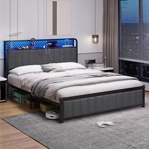 Queen LED Bed Frame with Storage Headboard, Upholstered Metal Platform Bed Frame