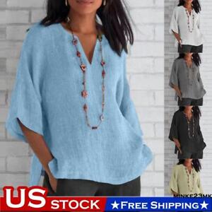 Women V Neck Casual Tunic Tops Summer 3/4 Sleeve Pullover Loose Blouse Shirt