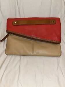 Levity Leather Clutch Tan/ Beige, Orange. Zipper, Snap Summer Handbag